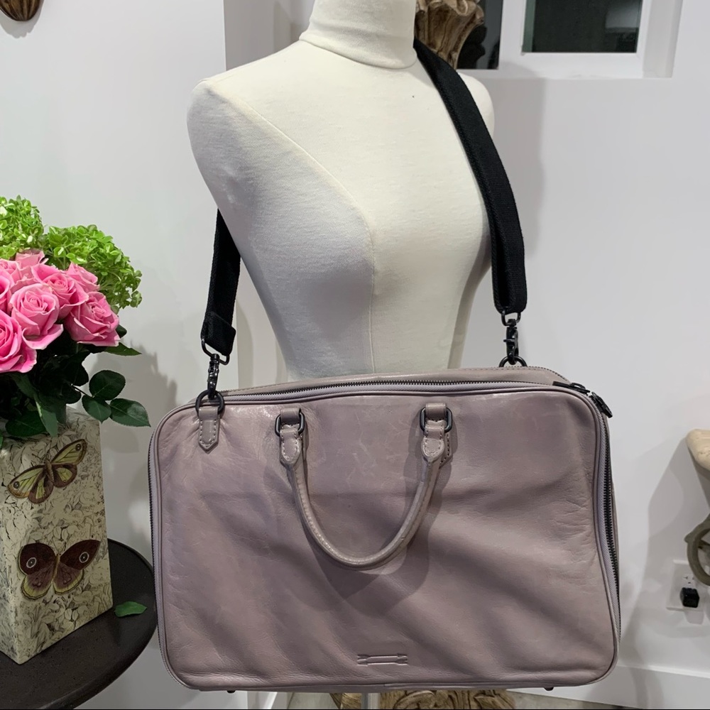 BEN MINKOFF LEATHER briefcase computer case Grey Compartments EUC